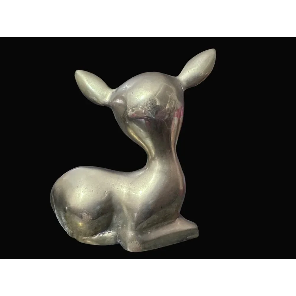 Solid Brass Reclining Deer Fawn Figurines Set of 2 Mid Century Modern MCM